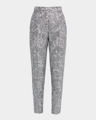 Dolce & Gabbana Metallic Floral Puff Brocade Slim-leg Ankle Pants In Silver