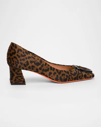 Santoni Leopard Block Heel Buckle Pumps In Animal Print