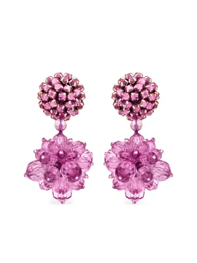 Oscar De La Renta Beaded Flower Earrings In Brown