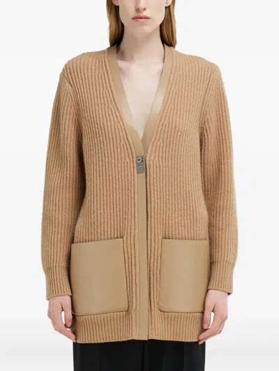 Ferragamo Leather-trim Buckle Cardigan In Brown