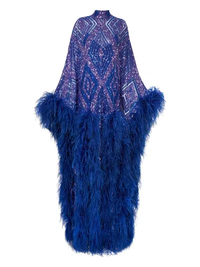 Taller Marmo Casta Diva Follies Sequin Feather Maxi Dress In Blue