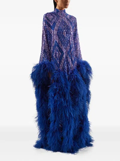 Taller Marmo Casta Diva Follies Sequin Feather Maxi Dress In Blue