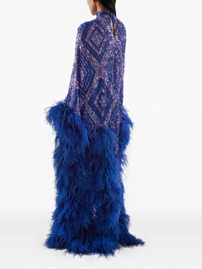 Taller Marmo Casta Diva Follies Sequin Feather Maxi Dress In Blue
