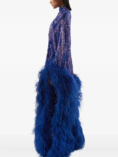 Taller Marmo Casta Diva Follies Sequin Feather Maxi Dress In Blue