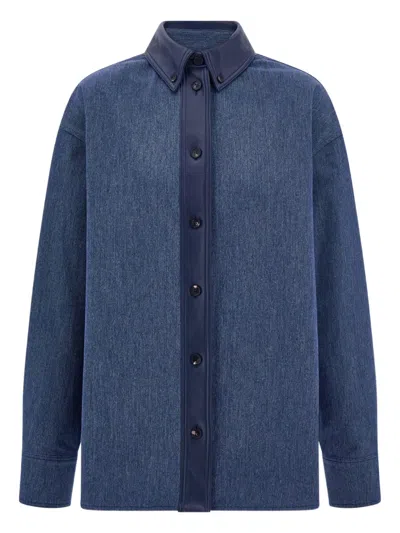 Ferragamo Leather-trim Denim Shirt In Blue