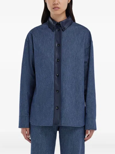 Ferragamo Leather-trim Denim Shirt In Blue