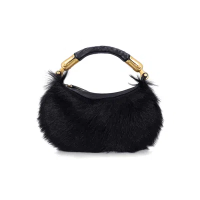 Balmain Genuine Fur Handbag With Leather Handle In Black