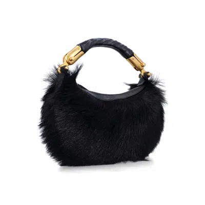 Balmain Genuine Fur Handbag With Leather Handle In Black