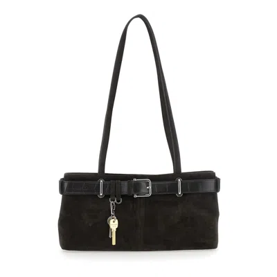Osoi Brown Shoulder Bag With Belt Detail And Pendant Keys In Suede In Brown