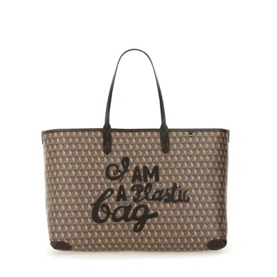 Anya Hindmarch I Am A Plastic Bag Leather-trimmed Coated-canvas Tote In Brown