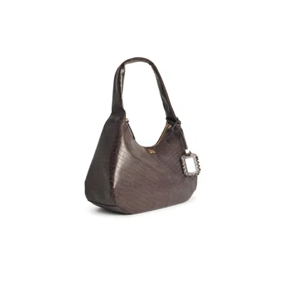 Ganni Bou Croco Xxl Brown Recycled Leather Blend Bag In Brown