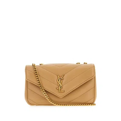 Saint Laurent Cappuccino Nappa Leather Small Loulou Shoulder Bag In Gold