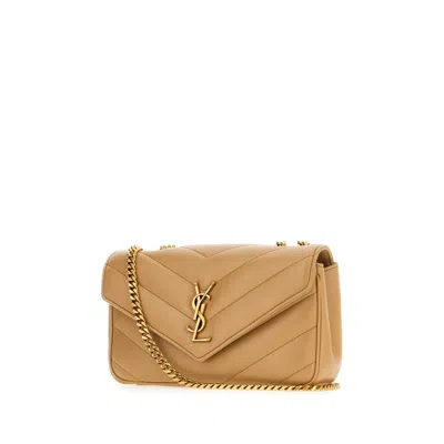 Saint Laurent Cappuccino Nappa Leather Small Loulou Shoulder Bag In Gold