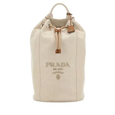 Prada Canvas Backpack With Eyelet Detailing And Top Handle In Neutral