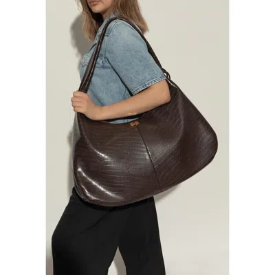 Ganni Xxl Croc-embossed Leather Shoulder Bag In Brown