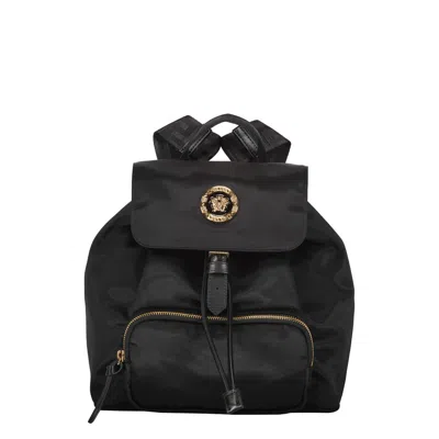 Versace Logo Detail Nylon Backpack In Black