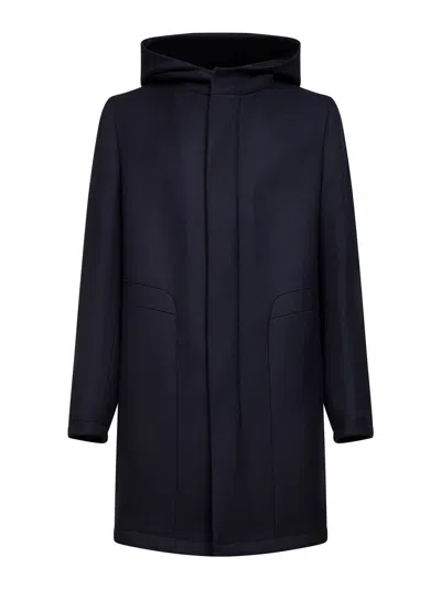Tagliatore Blue Virgin Wool Twill Hooded Coat In Blue