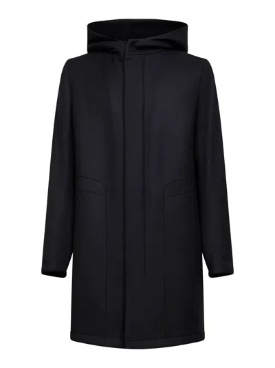 Tagliatore Black Virgin Wool Twill Hooded Coat In Black