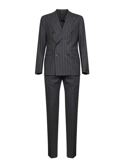 Tagliatore Anthracite Pinstriped Stretch Virgin Wool Double-breasted Suit In Gray
