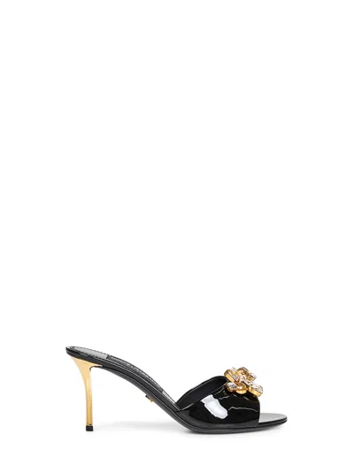Dolce & Gabbana Black Patent Leather Crystal Embellished Sandals In Black