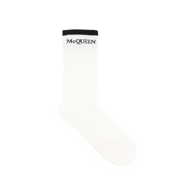 Pre-owned Alexander Mcqueen Foldover Signature Knit Socks 'white Black' | Men's Size M