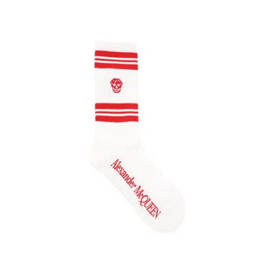 Pre-owned Alexander Mcqueen Striped Skull Logo Socks 'white Red' | Men's Size L