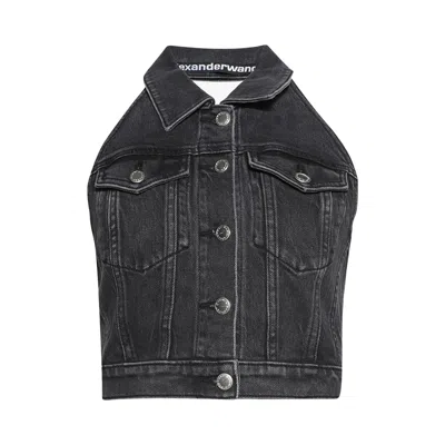 Pre-owned Alexander Wang Stretch Denim Halter Top 'aged' | Grey | Women's Size M In Gray