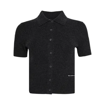 Pre-owned Alexander Wang Short-sleeve Polo Cardigan W/ Knit Logo Patch 'charcoal' | Grey | Women's Size S In Gray
