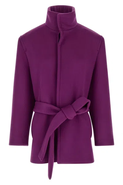 Saint Laurent Wool Coat With Belted Waist And High Collar In Purple