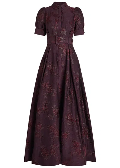 Rebecca Vallance Afina Belted Floral Brocade Gown In Purple
