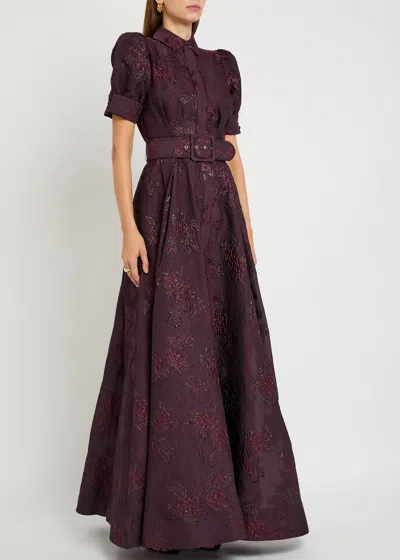 Rebecca Vallance Afina Belted Floral Brocade Gown In Purple