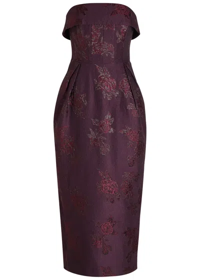 Rebecca Vallance Strapless Floral-brocade Midi Dress In Purple