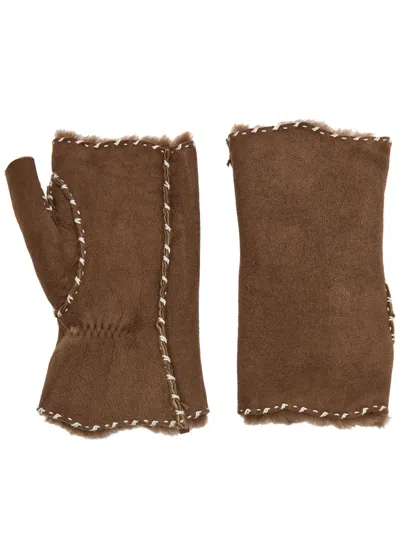 Agnelle Alix Shearling-lined Suede Fingerless Gloves In Brown