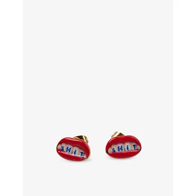 Seletti Womens  Wears Toiletpaper 'shit' Mouth 18ct Yellow Gold-plated Stainless-steel Stud Earrings In Red