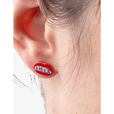 Seletti Womens  Wears Toiletpaper 'shit' Mouth 18ct Yellow Gold-plated Stainless-steel Stud Earrings In Red