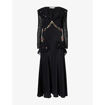 Rixo London Womens Bouquet Embroidery Black Cedar Embroidered Silk Midi Dress In Black