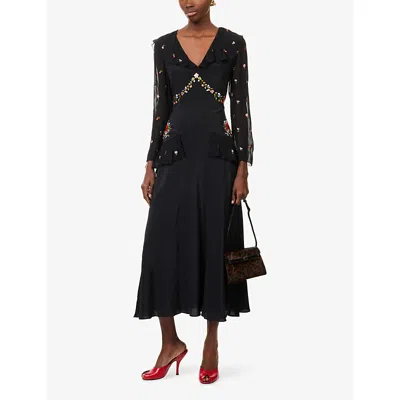 Rixo London Womens Bouquet Embroidery Black Cedar Embroidered Silk Midi Dress In Black