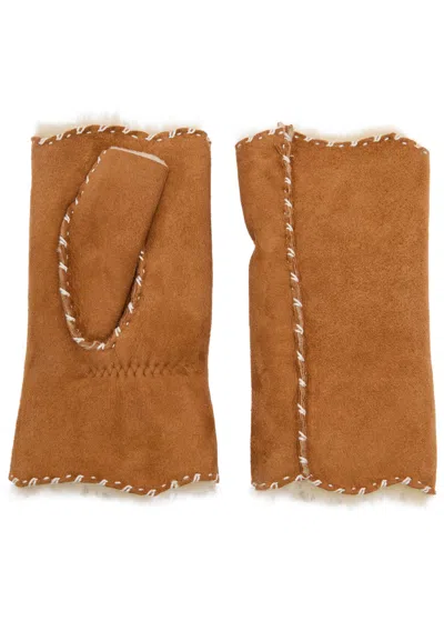 Agnelle Alix Shearling-lined Suede Fingerless Gloves In Brown