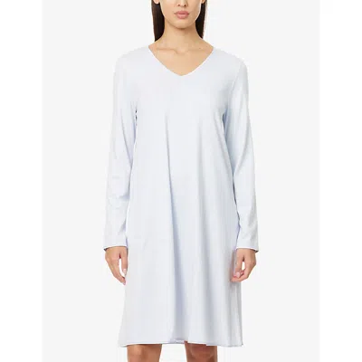 Hanro Womens Powder Blue V-neck Long-sleeve Cotton Blend Nightdress In White