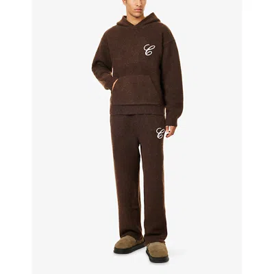 The Couture Club Mens Brown Chainstitch Embroidery Relaxed-fit Knitted Hoodie In Brown
