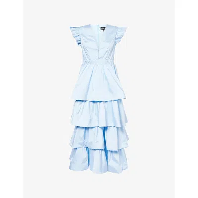 Sister Jane Womens Blue Feria Tiered Cotton-blend Midi Dress In Animal Print