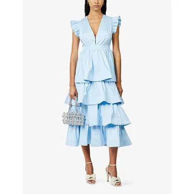 Sister Jane Womens Blue Feria Tiered Cotton-blend Midi Dress In Animal Print