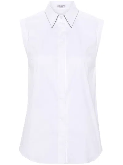 Brunello Cucinelli Cotton Poplin Button-front Shirt With Monili Collar In White