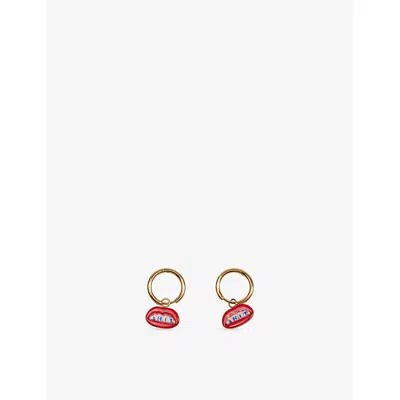 Seletti Womens  Wears Toiletpaper 'shit' Mouth Pendant 18ct Yellow Gold-plated Stainless-steel Earrin In Red