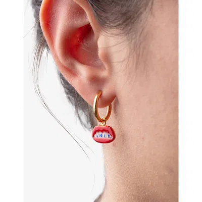 Seletti Womens  Wears Toiletpaper 'shit' Mouth Pendant 18ct Yellow Gold-plated Stainless-steel Earrin In Red