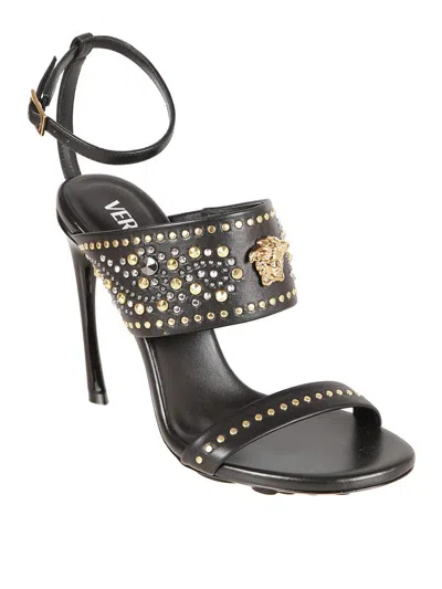 Versace La Medusa 105 Studded Leather Sandals In Animal Print