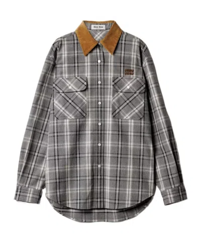 Miu Miu Long Sleeve Plaid Shirt With Chest Pockets In Gray