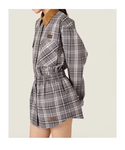 Miu Miu Long Sleeve Plaid Shirt With Chest Pockets In Gray
