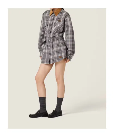 Miu Miu Long Sleeve Plaid Shirt With Chest Pockets In Gray