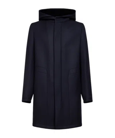 Tagliatore Blue Virgin Wool Twill Hooded Coat In Blue